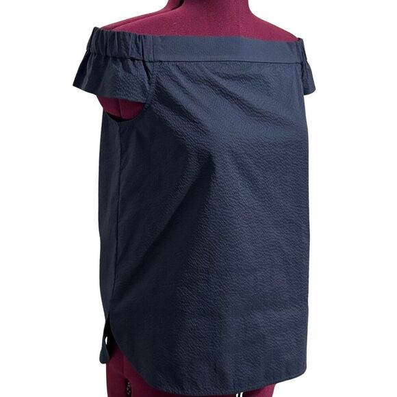 TIBI Off-the-Shoulder Sleeveless Cap Sleeve Blouse Top Curved Hemline Navy EUC 6 - Picture 1 of 7